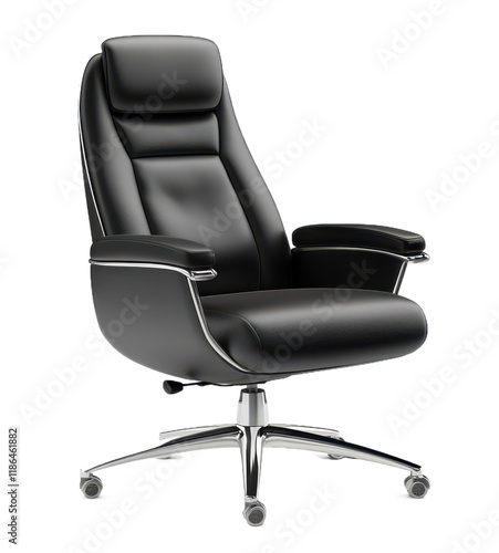 Black leather office chair, large and tall executive seat with armrests for work or home use isolated on transparent png or white background