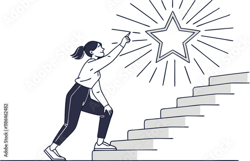 A female figure climbing stairs toward a glowing star, symbolizing ambition and achievement