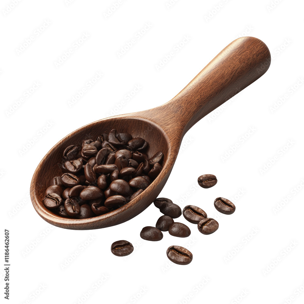 Fototapeta premium Wooden Scoop with Coffee Beans Isolated on Clean transparent background for Coffee-Themed Projects and Designs