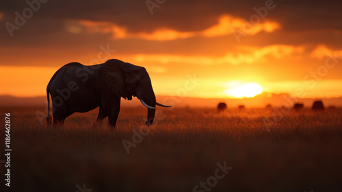 Éléphant d'Afrique majestueux silhouetté contre un spectaculaire coucher de soleil orange photo