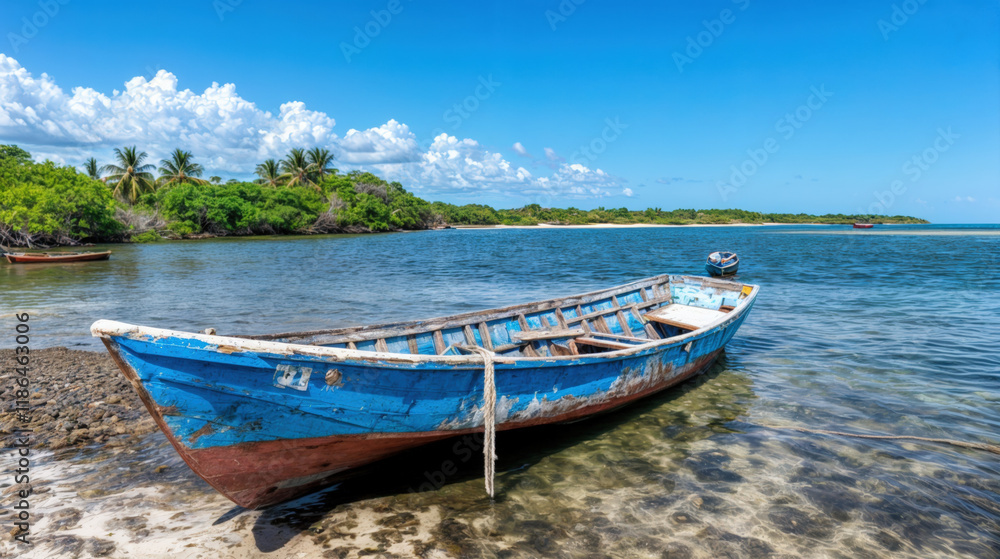 Vieux bateau de pêche bleu écaillé amarré sur une plage tropicale bordée de palmiers Vieux bateau de pêche bleu écaillé amarré sur une plage tropicale bordée de palmiers