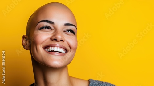 A cancer survivor, a woman with a bald head, smiling against a yellow background  photo