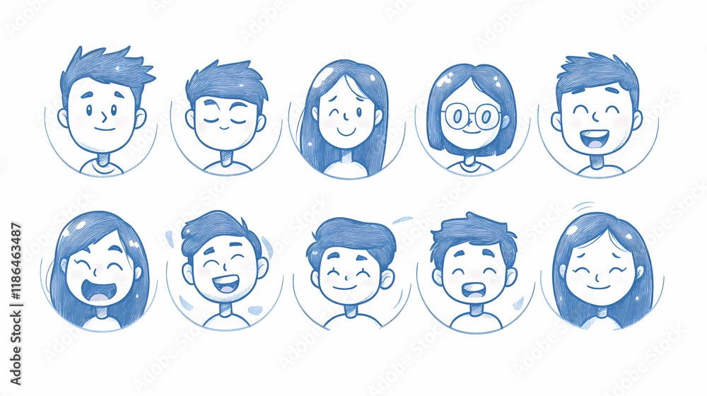 Cute people facial expression icons. a collection of simple face stickers drawn with pencil lines in a circle. Shimmerfall. Illustration Cute people facial expression icons. a collection of simple face stickers drawn with pencil lines in a circle. Shimmerfall. Illustration