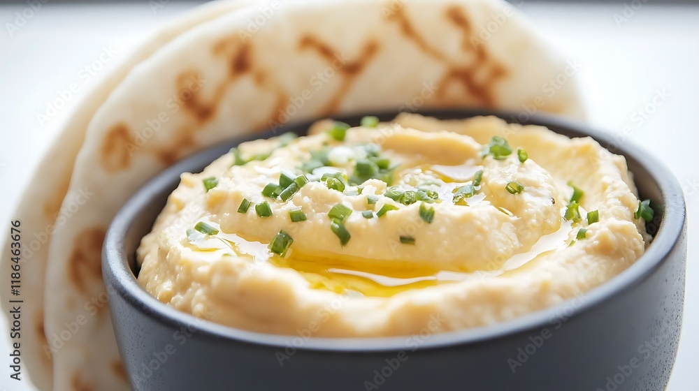 Delicious Creamy Hummus with Pita Bread and Herbs Delicious Creamy Hummus with Pita Bread and Herbs