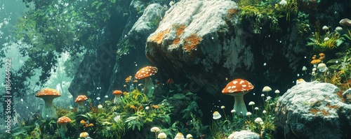 mushrooms, nature, rocks, green, background, ecosystem, plants, microhabitat, growth, white, organic, botanical, smooth, texture, vivid, fresh, foliage, vibrant, landscape, beautiful