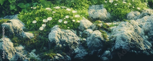 mushrooms, nature, rocks, green, background, ecosystem, plants, microhabitat, growth, white, organic, botanical, smooth, texture, vivid, fresh, foliage, vibrant, landscape, beautiful