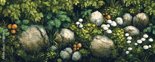 mushrooms, nature, rocks, green, background, ecosystem, plants, microhabitat, growth, white, organic, botanical, smooth, texture, vivid, fresh, foliage, vibrant, landscape, beautiful