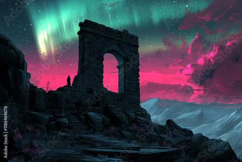 Spectacular aurora borealis lights up ancient stone ruins under a starry sky at night photo