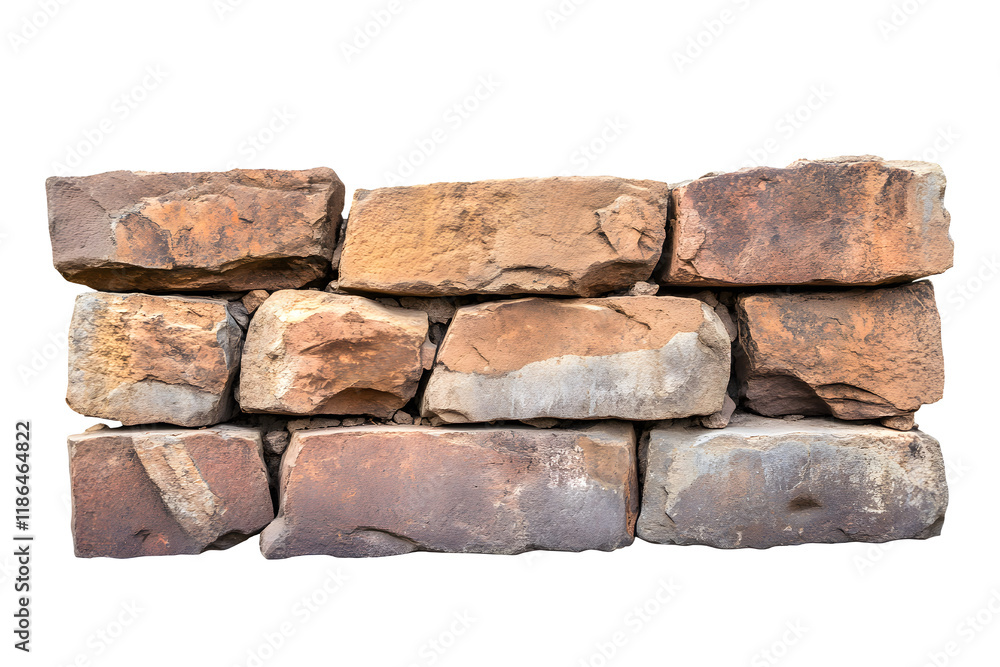 Natural stone wall made of rugged, textured rocks stacked together for construction or landscaping