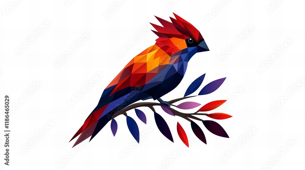 Fototapeta premium Vibrant polygonal bird perched on a branch. Geometric art. Colorful avian illustration.