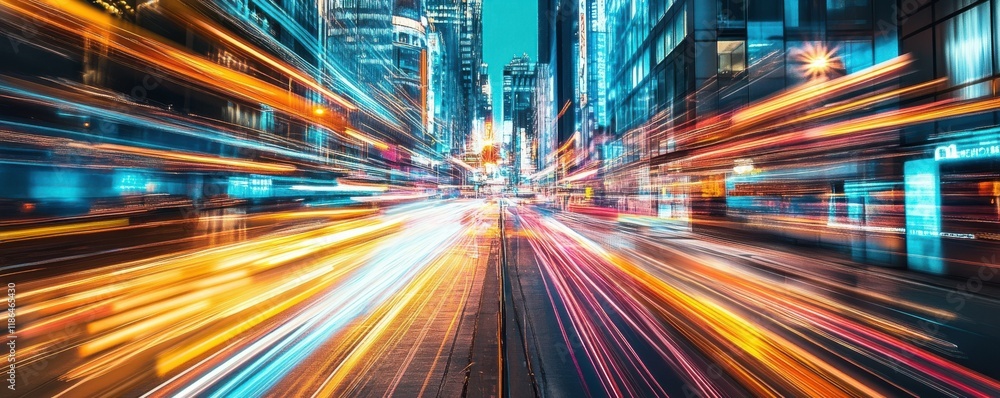 Fototapeta premium Neon cityscape with warm glowing lights, futuristic urban atmosphere, dynamic nighttime photography.