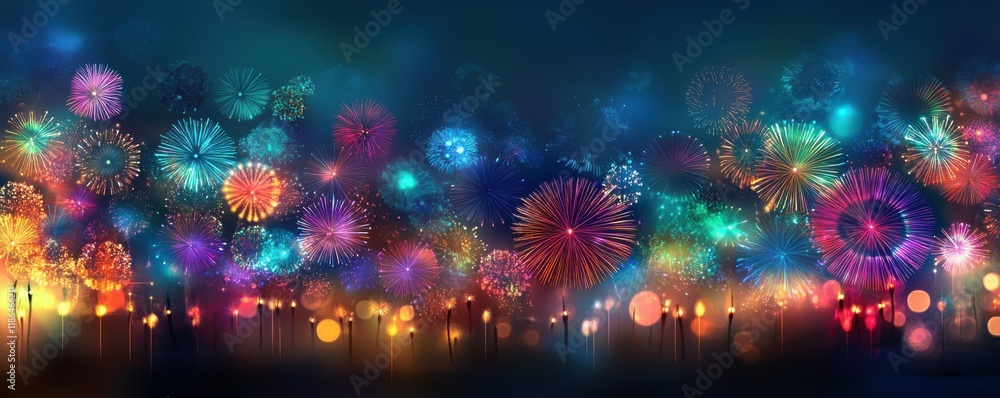 New Year celebration, festive fireworks sparkling in numbers Bright and colorful against a blurred evening background, creating a joyful and hopeful New Year celebration, festive fireworks sparkling in numbers Bright and colorful against a blurred evening background, creating a joyful and hopeful
