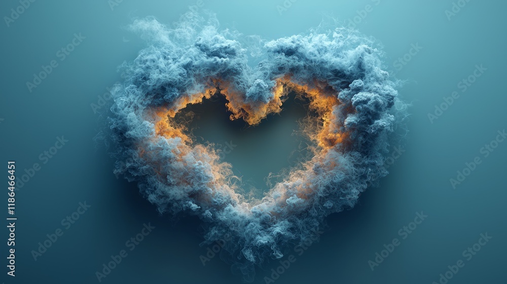 Fototapeta premium Glowing heart-shaped smoke cloud against a muted blue background.