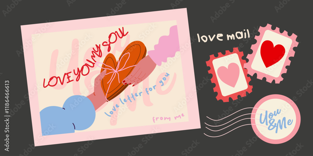 Naklejka premium Happy Valentines Day greeting card. 14 February holiday. Cute love sale flyer template, poster, cover, banner design. Love letter, envelope. Set of love postage stamps