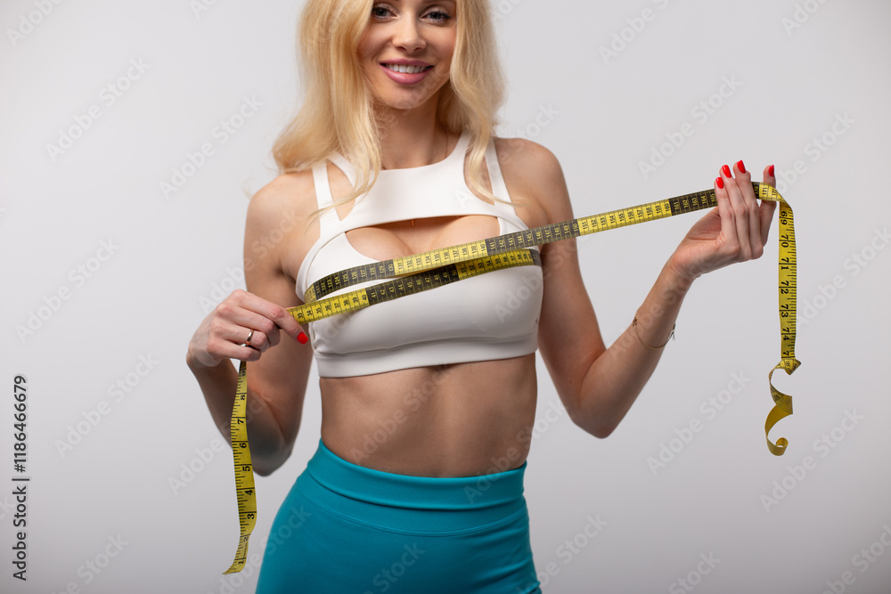 Beautiful slim athletic sexy happy woman measuring her breast size with measuring tape on gray background Beautiful slim athletic sexy happy woman measuring her breast size with measuring tape on gray background