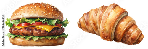 Colorful food illustration, delicious hamburger, flaky croissant, fresh ingredients, appetizing presentation, culinary art, vibrant colors.