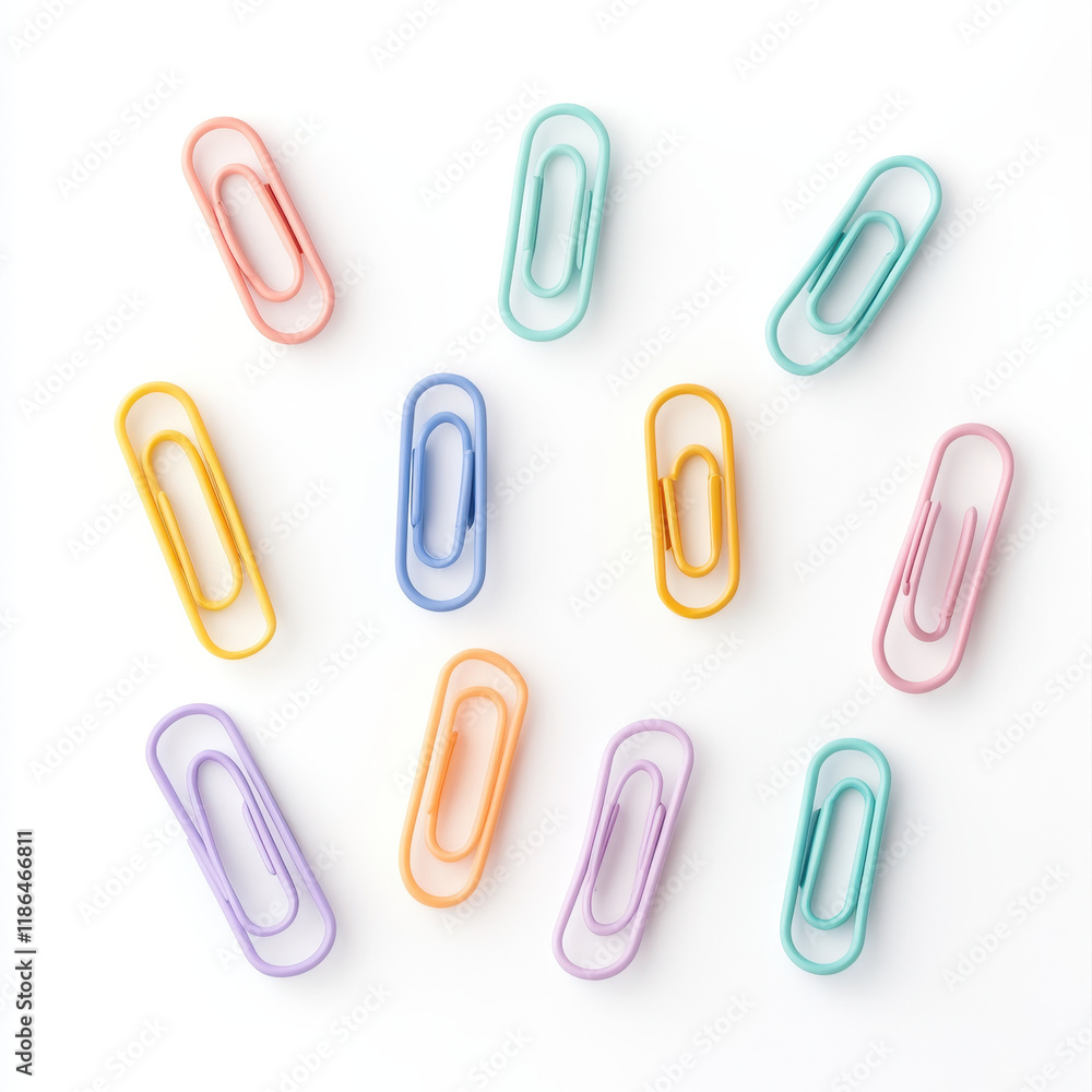 Colorful paper clips arranged in flat lay, perfect for office supplies Colorful paper clips arranged in flat lay, perfect for office supplies