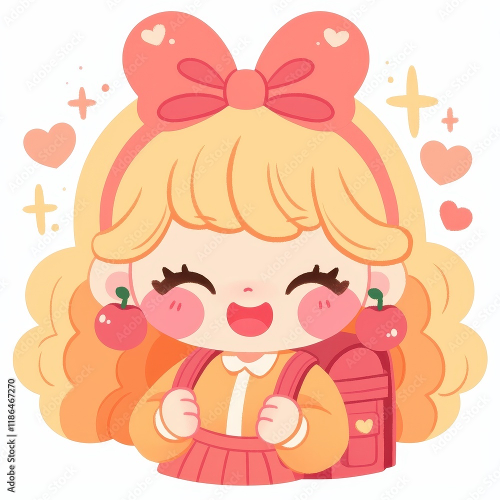 Adorable Happy Girl Child Cartoon Character with Backpack Peach Bow and Apple Earrings Adorable Happy Girl Child Cartoon Character with Backpack Peach Bow and Apple Earrings