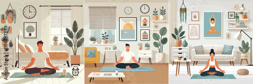 A person does yoga at home, sitting on a mat in a relaxed pose, surrounded by minimal decorations. with flat and minimalist design stayle