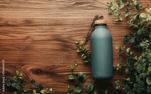 Brand product promo for an eco-friendly metal water bottle, placed on a wooden surface with plants around it, highlighting its sustainable design.  photo