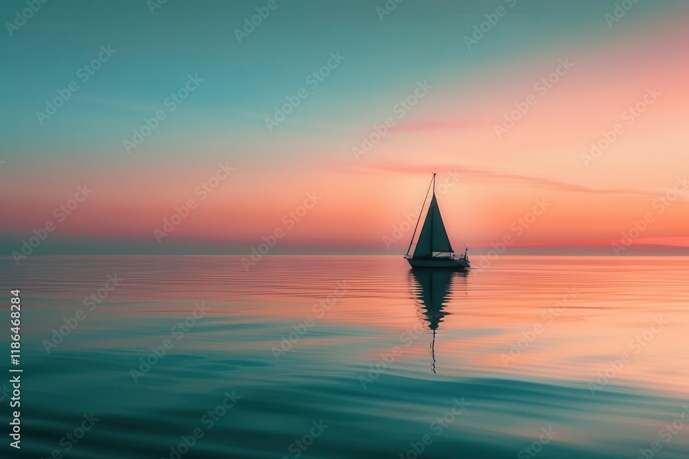 Fototapeta premium A serene sunset over calm waters with a solitary sailboat, evoking tranquility and reflection.