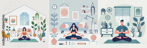 A person does yoga at home, sitting on a mat in a relaxed pose, surrounded by minimal decorations. with flat and minimalist design stayle