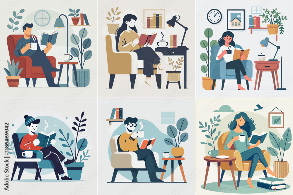 Obraz premium One enjoys a cup of coffee or tea while reading a book in a comfortable, minimally furnished chair. with a flat and minimalist design