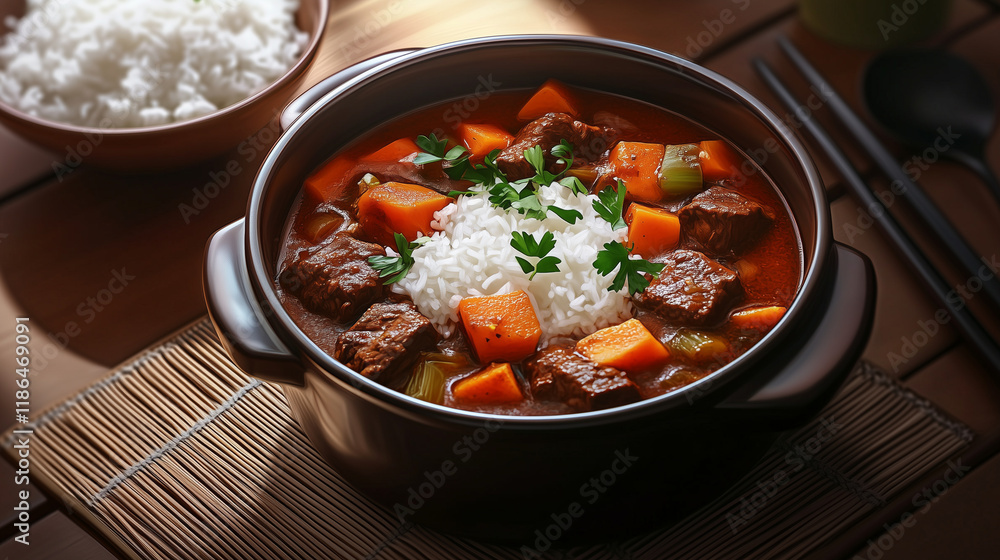 The perfect comfort meal: a ceramic pot of beef stew brimming with rich broth and colorful ingredients, served with a bowl of rice and garnished with sprigs of fresh parsley. The perfect comfort meal: a ceramic pot of beef stew brimming with rich broth and colorful ingredients, served with a bowl of rice and garnished with sprigs of fresh parsley.
