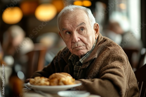 Senior man talks to his friends while eating at dining table at nursing home. Generative AI