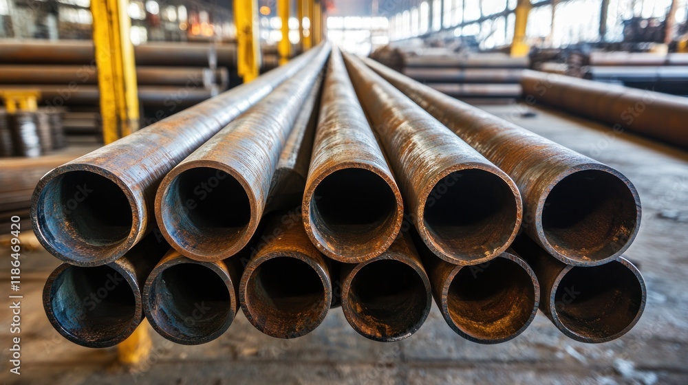 Industrial Steel Pipes: A Close-Up View of Robust Metal Tubes in a Factory Setting Industrial Steel Pipes: A Close-Up View of Robust Metal Tubes in a Factory Setting
