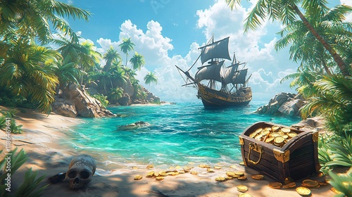 Treasure chest on a tropical beach with a galleon in the background.