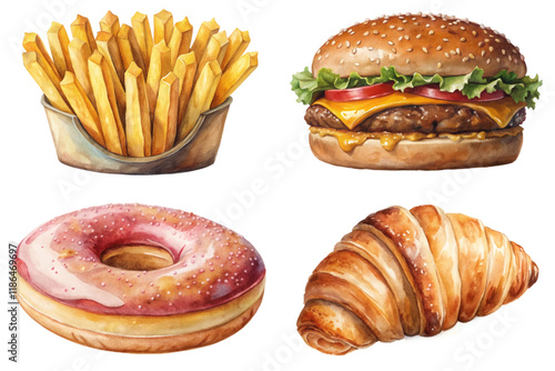Colorful food illustrations, delicious burger, crispy fries, sweet donut, flaky croissant, appetizing design, culinary art.