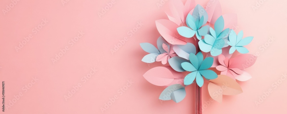 Fototapeta premium pastel paper tree, creative decor, soft colors, festive design, minimalistic style, cheerful atmosphere, unique centerpiece, pink background