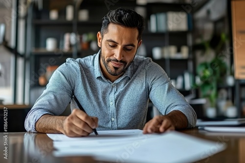 Young Hispanic man signing loan agreement during meeting with his bank manager in office. Generative AI