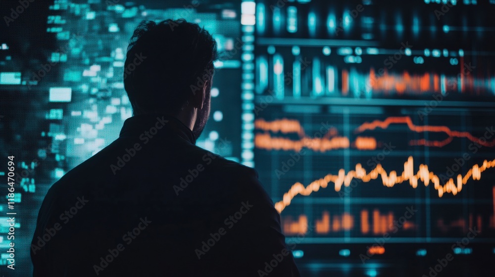 Data Analyst at Night: A silhouette of a focused data analyst studying complex financial charts and graphs on a large screen, illuminated by vibrant blue and orange hues. Data Analyst at Night: A silhouette of a focused data analyst studying complex financial charts and graphs on a large screen, illuminated by vibrant blue and orange hues.