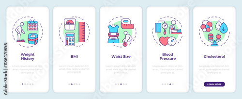Diagnosis obesity onboarding mobile app screen. Walkthrough 5 steps editable graphic instructions with linear concepts. UI, UX, GUI template. Montserrat SemiBold, Regular fonts used