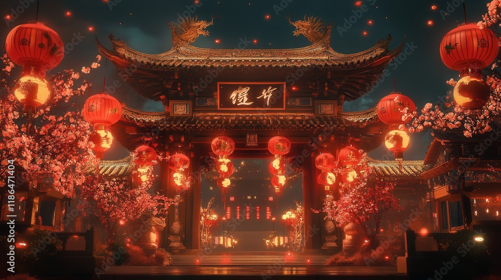 A beautifully detailed Chinese temple gate illuminated by hanging red lanterns, A beautifully detailed Chinese temple gate illuminated by hanging red lanterns,