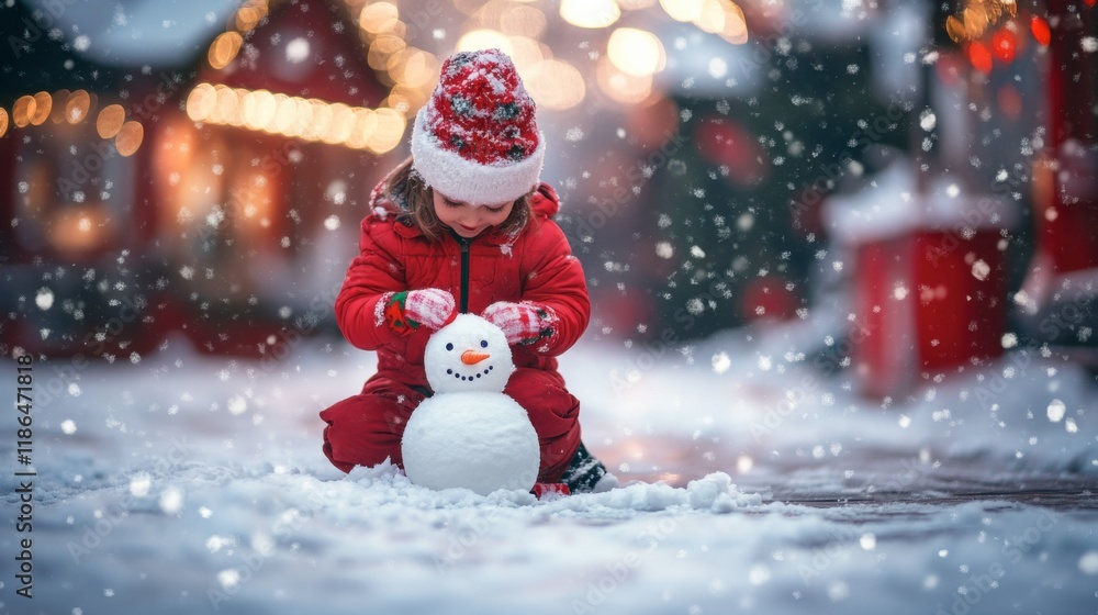 Snowy Day Fun: A little girl in a red snowsuit builds a snowman in a winter wonderland, snow falling gently around her. The festive lights of a Christmas market sparkle in the background. Snowy Day Fun: A little girl in a red snowsuit builds a snowman in a winter wonderland, snow falling gently around her. The festive lights of a Christmas market sparkle in the background.