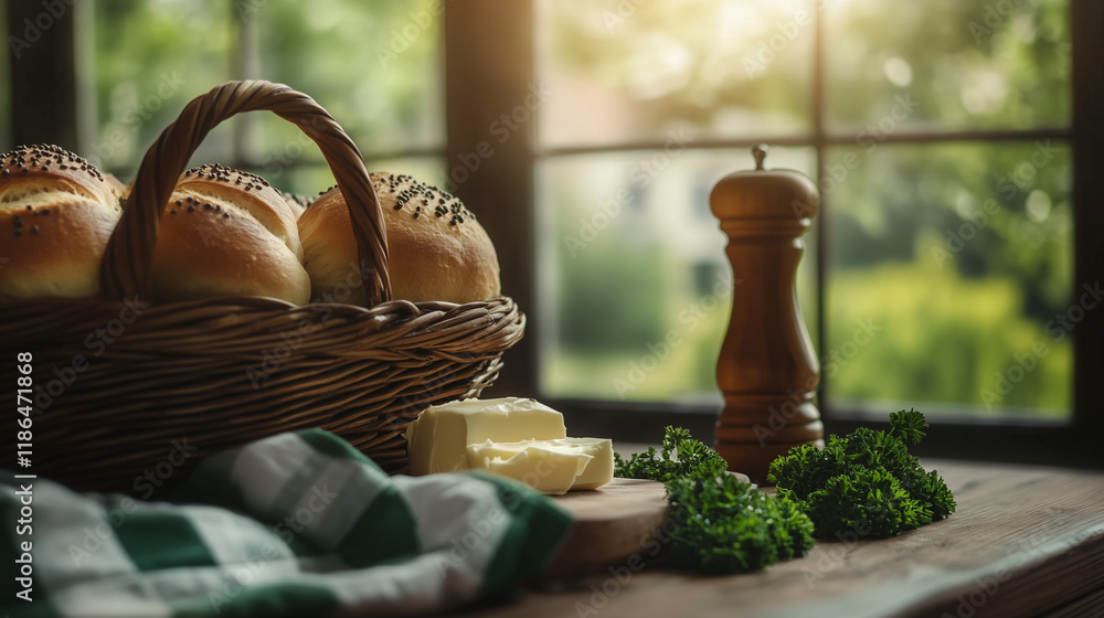 Fototapeta premium Homemade bread rolls, their seeded tops shining under soft kitchen light, rest in a wicker basket beside freshly chopped parsley, creamy butter, and a pepper grinder on a cozy tabl