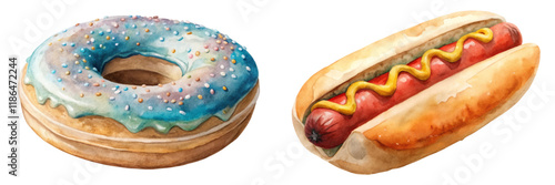 Colorful watercolor donut, classic hot dog, vibrant food illustration, playful design, appetizing snack art.