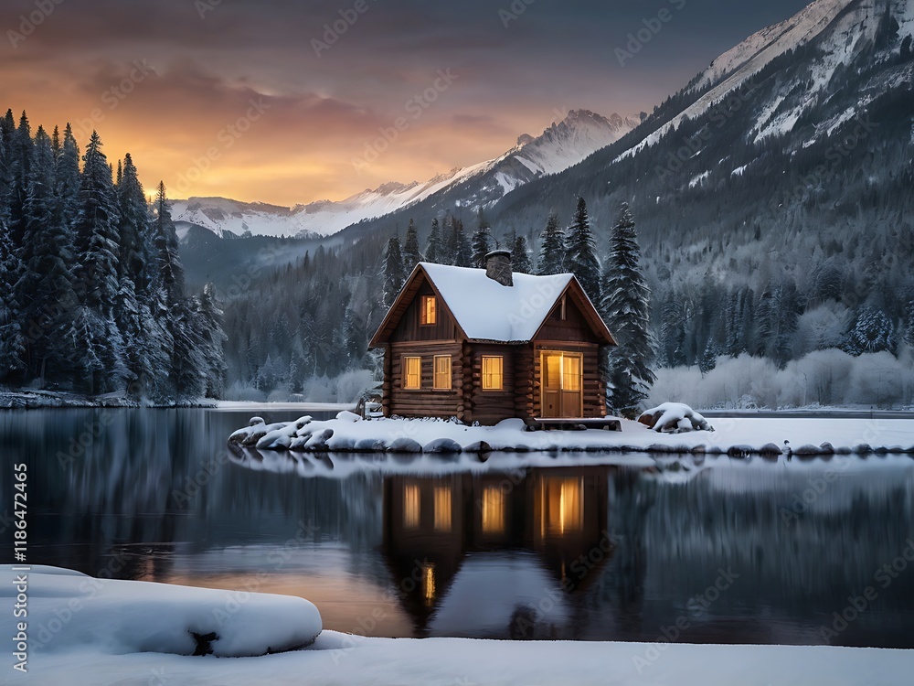 Fototapeta premium A depicting lake surrounded by evergreen forest and trees blue sky