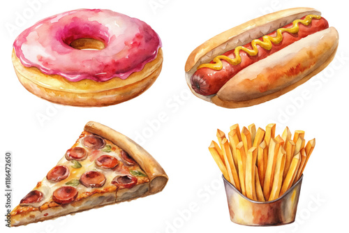 Colorful food illustrations, watercolor style, donut, hot dog, pizza slice, French fries, appetizing design.