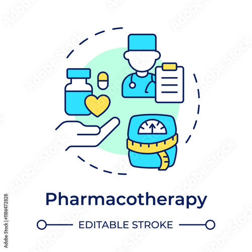 Pharmacotherapy multi color concept icon. Medicine prescription, medicaments. Weight measurement. Round shape line illustration. Abstract idea. Graphic design. Easy to use in infographic
