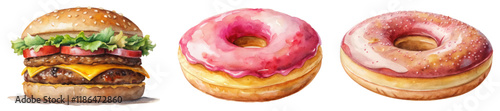 Colorful watercolor burger, delicious donuts, vibrant food illustration, appetizing dessert art, tempting snack visuals.