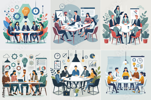 a team sitting around a table in a meeting room, discussing ideas, with a white background