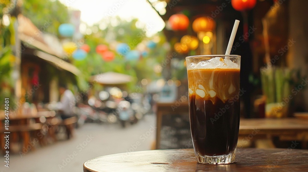 A glass of Vietnamese iced coffee layered with condensed milk, served over ice with a drip filter on top. The background features a traditional Vietnamese cafe adorned with colorful lanterns