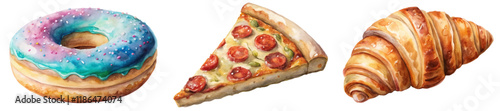Colorful watercolor desserts, delicious donut, savory pizza slice, flaky croissant, food illustration, appetizing treats.