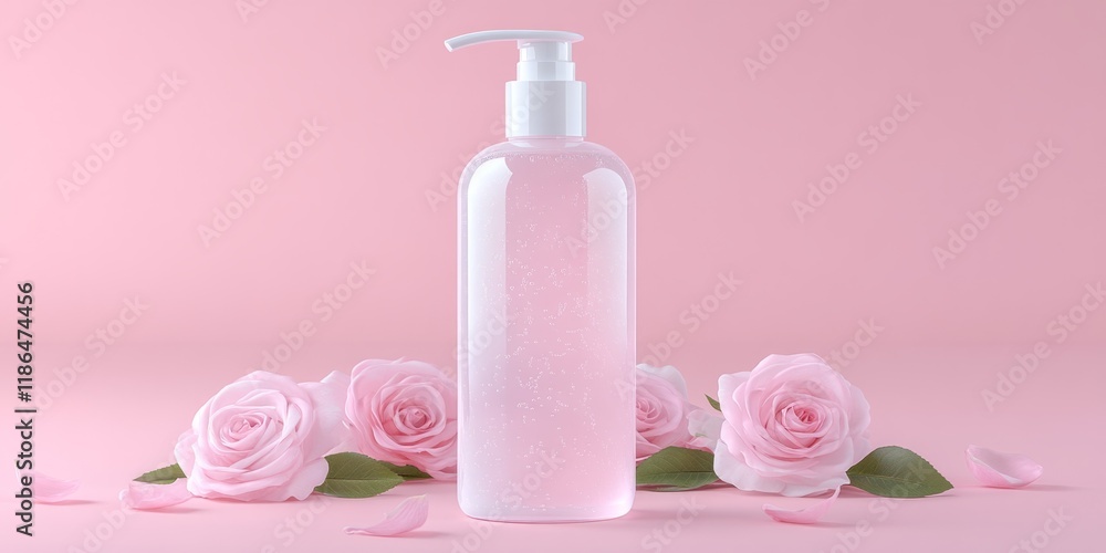 Product photography, skin care product with rose background, white bottle and pump head Product photography, skin care product with rose background, white bottle and pump head