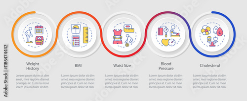 Overweight diagnosis infographics circles sequence. Blood pressure, health issue. Visualization layout with 5 steps. Info chart loop process presentation. Myriad Pro-Regular font used
