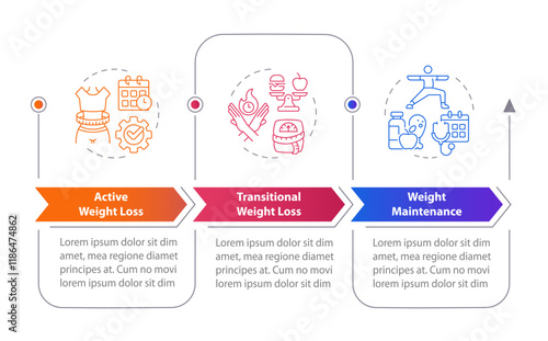 Weight loss rectangular infographics. Obesity management, nutrition. Vitamins, sport. Visualization template 3 options. Horizontal flowchart with line icons. Myriad Pro-Bold, Regular fonts used